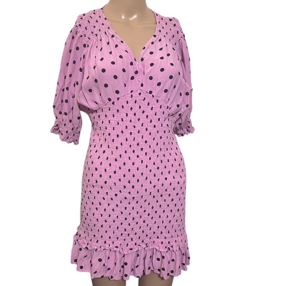 Faithfull The Brand Margherita Pink Polka Dot Puff Sleeve Mini Dress L